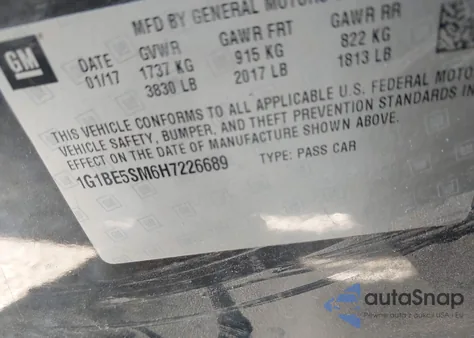 2017 Chevrolet Cruze Lt z USA, uszkodzony, nr VIN 1G1BE5SM6H7226689